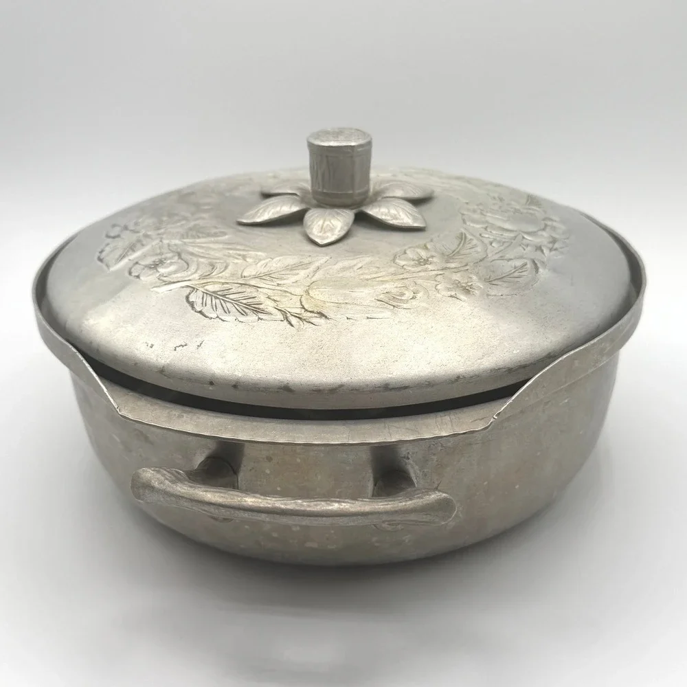 Everlast Forged Aluminum Casserole Serving Dish Lid Floral Silver Vintage Good